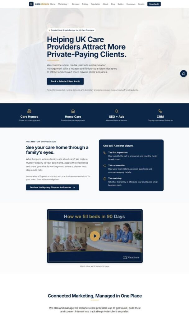 Screenshot of the Care Clients website